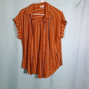 Women’s Orange & White Striped Button-Up Blouse – Short Sleeve Casual Shirt